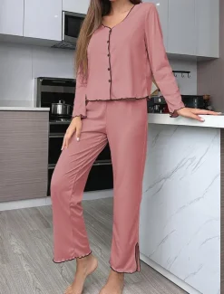 New Women's Pajama Set Pure Color Casual Comfort Home Daily Comfort Warm V Neck Long Sleeve T shirt Pant Button Up Elastic Waist Fall Winter Home Outfits Women Pajama-Setter