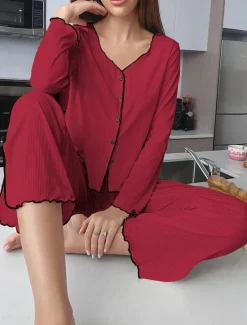 New Women's Pajama Set Pure Color Casual Comfort Home Daily Comfort Warm V Neck Long Sleeve T shirt Pant Button Up Elastic Waist Fall Winter Home Outfits Women Pajama-Setter
