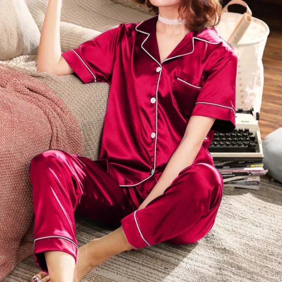 Hot Women's Pajama Set Satin Notch Collar Short Sleeve Elastic Waist Home Loungewear Burgundy Silk-like Sleepwear All Seasons Comfort Fit Women Pajama-Setter