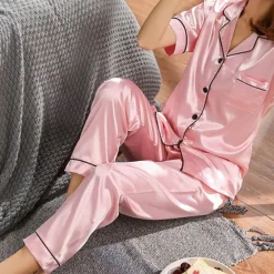 Hot Women's Pajama Set Satin Notch Collar Short Sleeve Elastic Waist Home Loungewear Burgundy Silk-like Sleepwear All Seasons Comfort Fit Women Pajama-Setter
