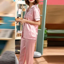 Hot Women's Pajama Set Satin Notch Collar Short Sleeve Elastic Waist Home Loungewear Burgundy Silk-like Sleepwear All Seasons Comfort Fit Women Pajama-Setter