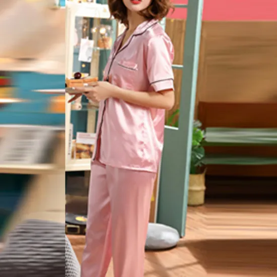 Hot Women's Pajama Set Satin Notch Collar Short Sleeve Elastic Waist Home Loungewear Burgundy Silk-like Sleepwear All Seasons Comfort Fit Women Pajama-Setter