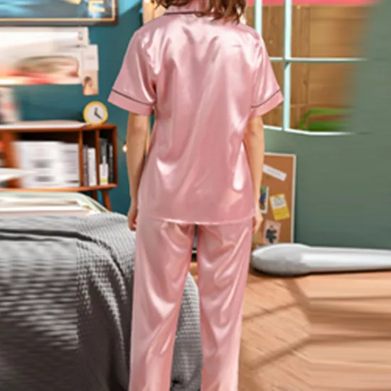 Hot Women's Pajama Set Satin Notch Collar Short Sleeve Elastic Waist Home Loungewear Burgundy Silk-like Sleepwear All Seasons Comfort Fit Women Pajama-Setter