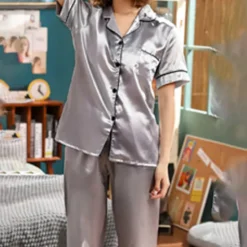 Hot Women's Pajama Set Satin Notch Collar Short Sleeve Elastic Waist Home Loungewear Burgundy Silk-like Sleepwear All Seasons Comfort Fit Women Pajama-Setter