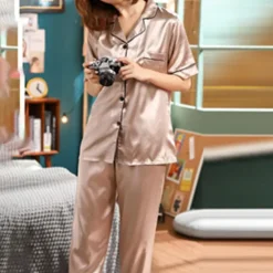 Hot Women's Pajama Set Satin Notch Collar Short Sleeve Elastic Waist Home Loungewear Burgundy Silk-like Sleepwear All Seasons Comfort Fit Women Pajama-Setter