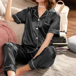 Hot Women's Pajama Set Satin Notch Collar Short Sleeve Elastic Waist Home Loungewear Burgundy Silk-like Sleepwear All Seasons Comfort Fit Women Pajama-Setter