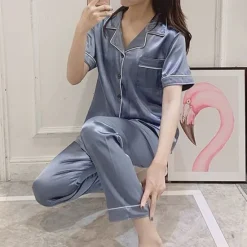 Hot Women's Pajama Set Satin Notch Collar Short Sleeve Elastic Waist Home Loungewear Burgundy Silk-like Sleepwear All Seasons Comfort Fit Women Pajama-Setter