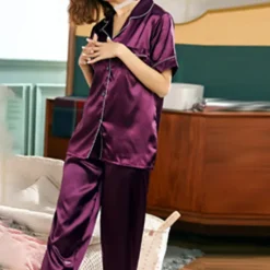 Hot Women's Pajama Set Satin Notch Collar Short Sleeve Elastic Waist Home Loungewear Burgundy Silk-like Sleepwear All Seasons Comfort Fit Women Pajama-Setter