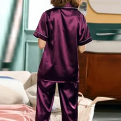 Hot Women's Pajama Set Satin Notch Collar Short Sleeve Elastic Waist Home Loungewear Burgundy Silk-like Sleepwear All Seasons Comfort Fit Women Pajama-Setter