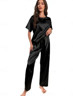 Online Women's Pajamas 2 Pieces Pure Color Fashion Home Breathable Crew Neck Short Sleeve T shirt Pant Summer Home Outfits Women Pajama-Setter