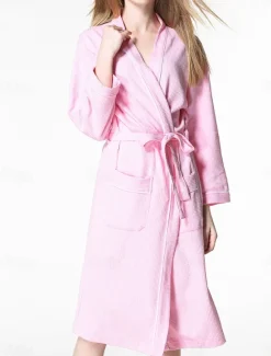 Online Women's Pajamas Bathrobe Pure Color Simple Casual Comfort Home Bed Wedding Party Cotton Terry Breathable V Wire Long Sleeve Pocket Fall Winter Home Outfits Women Pajama-Setter