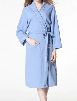 Online Women's Pajamas Bathrobe Pure Color Simple Casual Comfort Home Bed Wedding Party Cotton Terry Breathable V Wire Long Sleeve Pocket Fall Winter Home Outfits Women Pajama-Setter