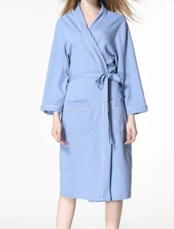 Online Women's Pajamas Bathrobe Pure Color Simple Casual Comfort Home Bed Wedding Party Cotton Terry Breathable V Wire Long Sleeve Pocket Fall Winter Home Outfits Women Pajama-Setter
