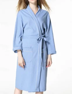 Online Women's Pajamas Bathrobe Pure Color Simple Casual Comfort Home Bed Wedding Party Cotton Terry Breathable V Wire Long Sleeve Pocket Fall Winter Home Outfits Women Pajama-Setter