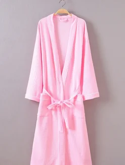 Online Women's Pajamas Bathrobe Pure Color Simple Casual Comfort Home Bed Wedding Party Cotton Terry Breathable V Wire Long Sleeve Pocket Fall Winter Home Outfits Women Pajama-Setter