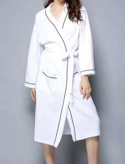 Online Women's Pajamas Bathrobe Pure Color Simple Casual Comfort Home Bed Wedding Party Cotton Terry Breathable V Wire Long Sleeve Pocket Fall Winter Home Outfits Women Pajama-Setter