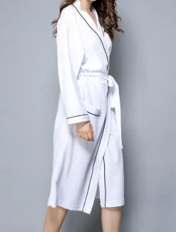 Online Women's Pajamas Bathrobe Pure Color Simple Casual Comfort Home Bed Wedding Party Cotton Terry Breathable V Wire Long Sleeve Pocket Fall Winter Home Outfits Women Pajama-Setter