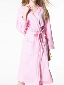 Online Women's Pajamas Bathrobe Pure Color Simple Casual Comfort Home Bed Wedding Party Cotton Terry Breathable V Wire Long Sleeve Pocket Fall Winter Home Outfits Women Pajama-Setter