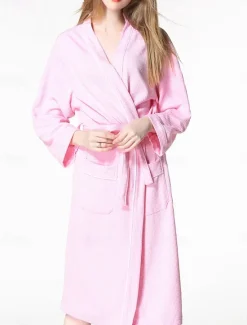 Online Women's Pajamas Bathrobe Pure Color Simple Casual Comfort Home Bed Wedding Party Cotton Terry Breathable V Wire Long Sleeve Pocket Fall Winter Home Outfits Women Pajama-Setter