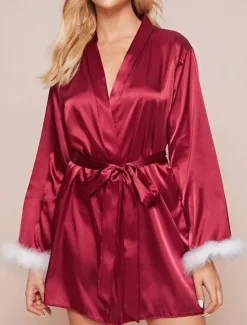 Online Women's Pajamas Bathrobe Robes Gown Pure Color Simple Casual Comfort Home Daily Bed Satin Lace Breathable V Wire Long Sleeve Summer Fall Home Outfits Women Pajama-Setter