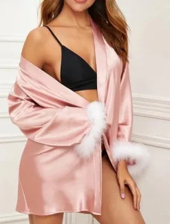 Online Women's Pajamas Bathrobe Robes Gown Pure Color Simple Casual Comfort Home Daily Bed Satin Lace Breathable V Wire Long Sleeve Summer Fall Home Outfits Women Pajama-Setter