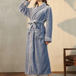 Women's Pajamas Bathrobe Robes Gown Nighty 1PC Pure Color Warm Plush Casual Party Home Daily Fleece Terry V Wire Long Sleeve Modern Style Belt Included Pocket Fall Winter Home Outfits Women Pajama-Setter