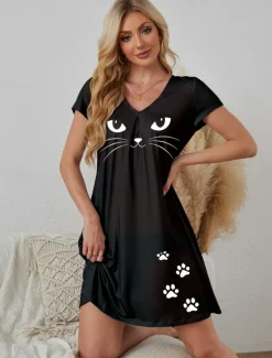 Online Women's Pajamas Cat Simple Home Crew Neck Short Sleeve Summer Spring Home Outfits Women Sleepwear