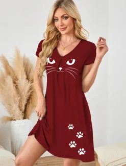 Online Women's Pajamas Cat Simple Home Crew Neck Short Sleeve Summer Spring Home Outfits Women Sleepwear