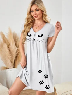 Online Women's Pajamas Cat Simple Home Crew Neck Short Sleeve Summer Spring Home Outfits Women Sleepwear