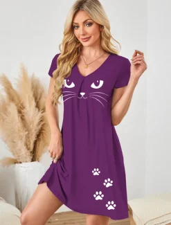 Online Women's Pajamas Cat Simple Home Crew Neck Short Sleeve Summer Spring Home Outfits Women Sleepwear