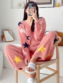 Clearance Women's Pajamas Loungewear 2 Pieces Graphic Active Casual Home Daily Fleece Warm Breathable V Neck Long Sleeve Cardigan Pant Fall Winter Home Outfits Women Pajama-Setter
