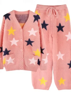 Clearance Women's Pajamas Loungewear 2 Pieces Graphic Active Casual Home Daily Fleece Warm Breathable V Neck Long Sleeve Cardigan Pant Fall Winter Home Outfits Women Pajama-Setter