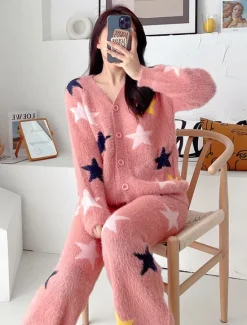 Clearance Women's Pajamas Loungewear 2 Pieces Graphic Active Casual Home Daily Fleece Warm Breathable V Neck Long Sleeve Cardigan Pant Fall Winter Home Outfits Women Pajama-Setter