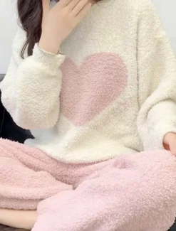 Outlet Women's Pajamas Loungewear 2 Pieces Heart Warm Comfort Home Daily Fleece Warm Breathable Crew Neck Long Sleeve Pullover Pant Fall Winter Home Outfits Women Pajama-Setter