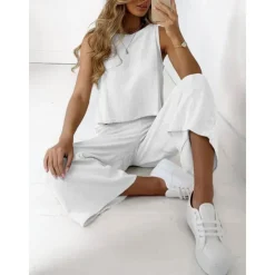 Online Women's Pajamas Loungewear Two Piece Sets Casual Pure Color Cotton Linen Sets Pant Home Sleeveless Crew Neck Black White Brown Khaki Light Grey Summer Spring Women Sets