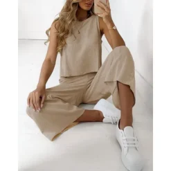 Online Women's Pajamas Loungewear Two Piece Sets Casual Pure Color Cotton Linen Sets Pant Home Sleeveless Crew Neck Black White Brown Khaki Light Grey Summer Spring Women Sets