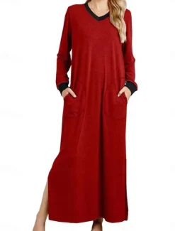 Sale Women's Pajamas Nightgown Nightshirt Dress Patchwork Simple Casual Soft Home Daily Bed Spandex Warm Breathable V Wire Long Sleeve Pocket Summer Spring Home Outfits Women Sleepwear