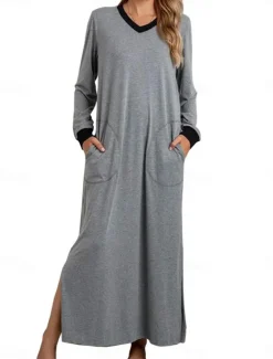 Sale Women's Pajamas Nightgown Nightshirt Dress Patchwork Simple Casual Soft Home Daily Bed Spandex Warm Breathable V Wire Long Sleeve Pocket Summer Spring Home Outfits Women Sleepwear