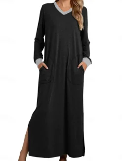 Sale Women's Pajamas Nightgown Nightshirt Dress Patchwork Simple Casual Soft Home Daily Bed Spandex Warm Breathable V Wire Long Sleeve Pocket Summer Spring Home Outfits Women Sleepwear