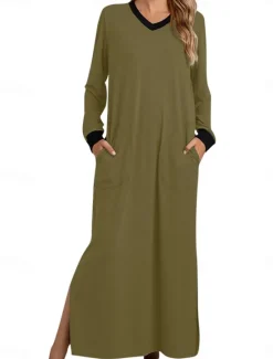 Sale Women's Pajamas Nightgown Nightshirt Dress Patchwork Simple Casual Soft Home Daily Bed Spandex Warm Breathable V Wire Long Sleeve Pocket Summer Spring Home Outfits Women Sleepwear