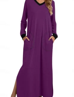 Sale Women's Pajamas Nightgown Nightshirt Dress Patchwork Simple Casual Soft Home Daily Bed Spandex Warm Breathable V Wire Long Sleeve Pocket Summer Spring Home Outfits Women Sleepwear