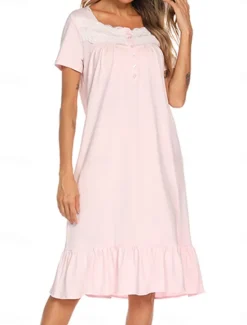 Discount Women's Pajamas Nightgown Dress Pure Color Simple Basic Casual Home Daily Bed Cotton Breathable Square Neck Short Sleeve Dress Button Summer Spring Home Outfits Women Sleepwear