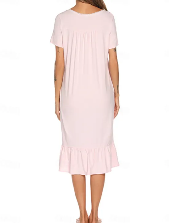Discount Women's Pajamas Nightgown Dress Pure Color Simple Basic Casual Home Daily Bed Cotton Breathable Square Neck Short Sleeve Dress Button Summer Spring Home Outfits Women Sleepwear