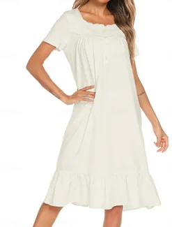 Discount Women's Pajamas Nightgown Dress Pure Color Simple Basic Casual Home Daily Bed Cotton Breathable Square Neck Short Sleeve Dress Button Summer Spring Home Outfits Women Sleepwear