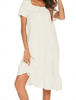 Discount Women's Pajamas Nightgown Dress Pure Color Simple Basic Casual Home Daily Bed Cotton Breathable Square Neck Short Sleeve Dress Button Summer Spring Home Outfits Women Sleepwear