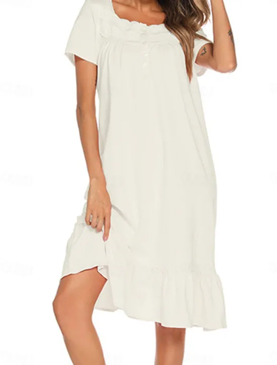 Discount Women's Pajamas Nightgown Dress Pure Color Simple Basic Casual Home Daily Bed Cotton Breathable Square Neck Short Sleeve Dress Button Summer Spring Home Outfits Women Sleepwear