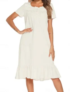 Discount Women's Pajamas Nightgown Dress Pure Color Simple Basic Casual Home Daily Bed Cotton Breathable Square Neck Short Sleeve Dress Button Summer Spring Home Outfits Women Sleepwear