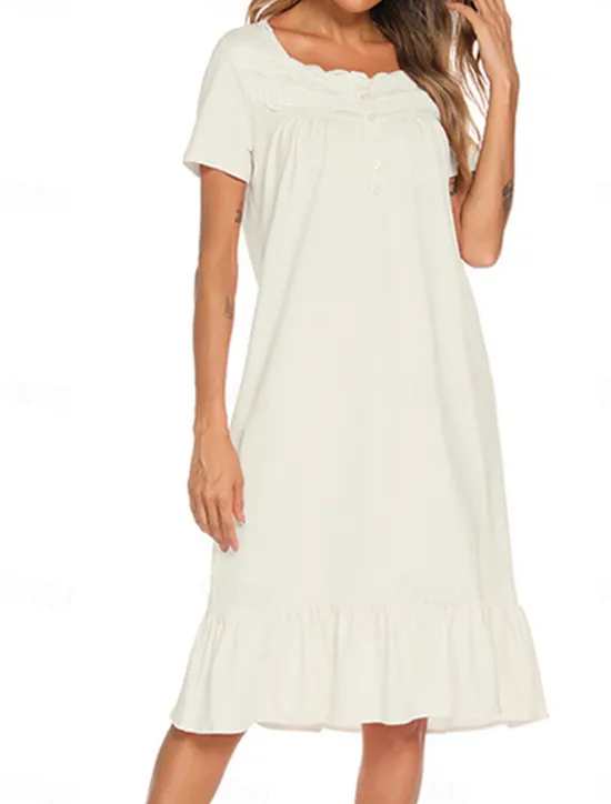 Discount Women's Pajamas Nightgown Dress Pure Color Simple Basic Casual Home Daily Bed Cotton Breathable Square Neck Short Sleeve Dress Button Summer Spring Home Outfits Women Sleepwear