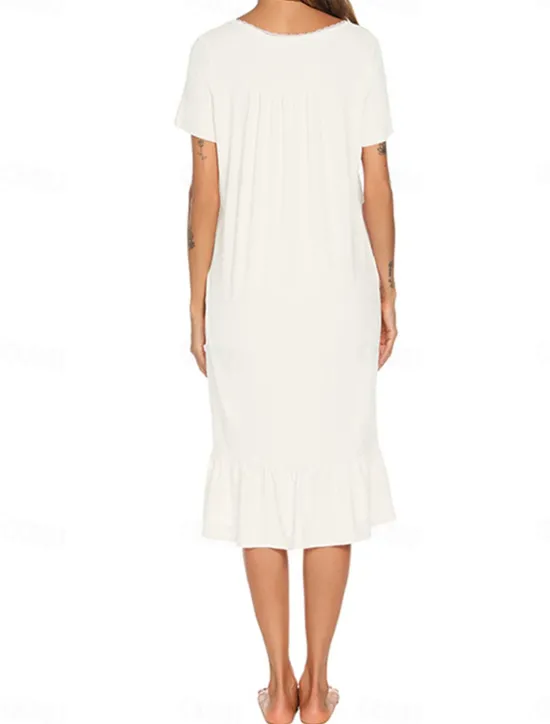 Discount Women's Pajamas Nightgown Dress Pure Color Simple Basic Casual Home Daily Bed Cotton Breathable Square Neck Short Sleeve Dress Button Summer Spring Home Outfits Women Sleepwear