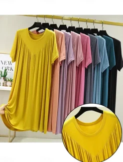 Sale Women's Pajamas Nightgown Nightshirt Dress Pure Color Simple Casual Soft Home Daily Bed Polyester Breathable Crew Neck Short Sleeve Summer Spring Women Sleepwear